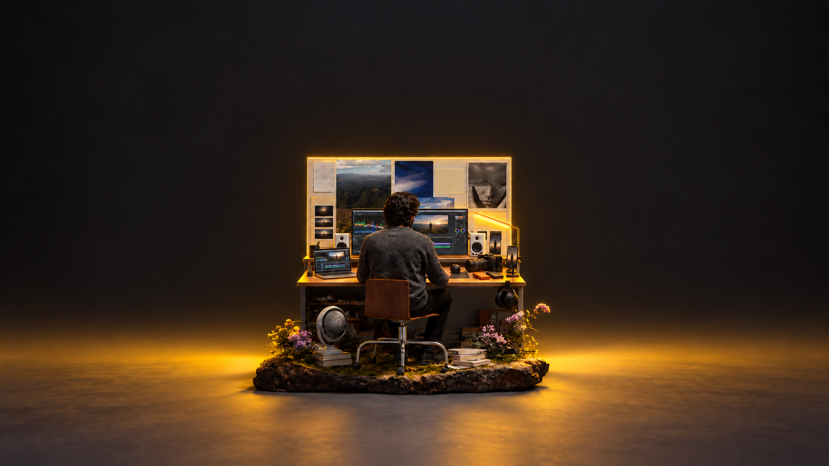 An editor at a warmly lit production desk on a stone platform